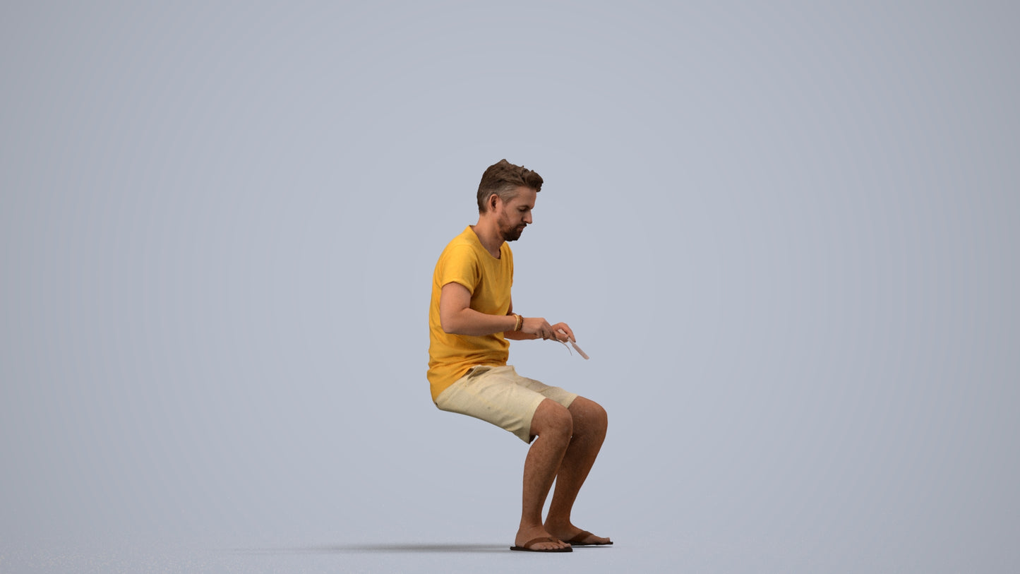 realistic 3D people man casual sitting, render-ready for V-Ray and Corona, FBX OBJ, side view render