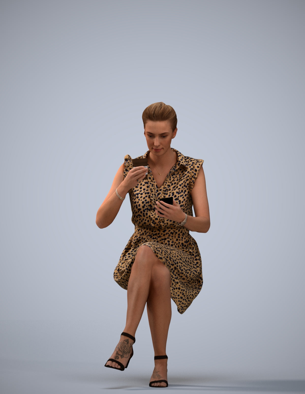 3D scanned woman sitting casual, photorealistic archviz people for Enscape and SketchUp