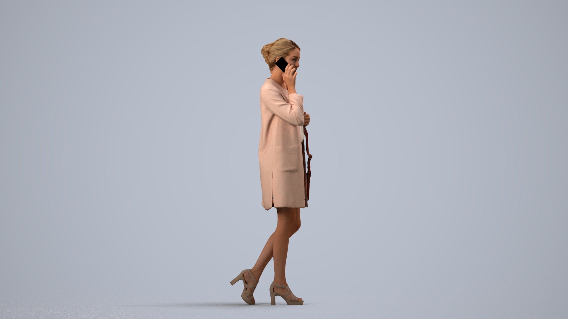 3D scanned woman walking business, photorealistic archviz people for Enscape and SketchUp, side view render