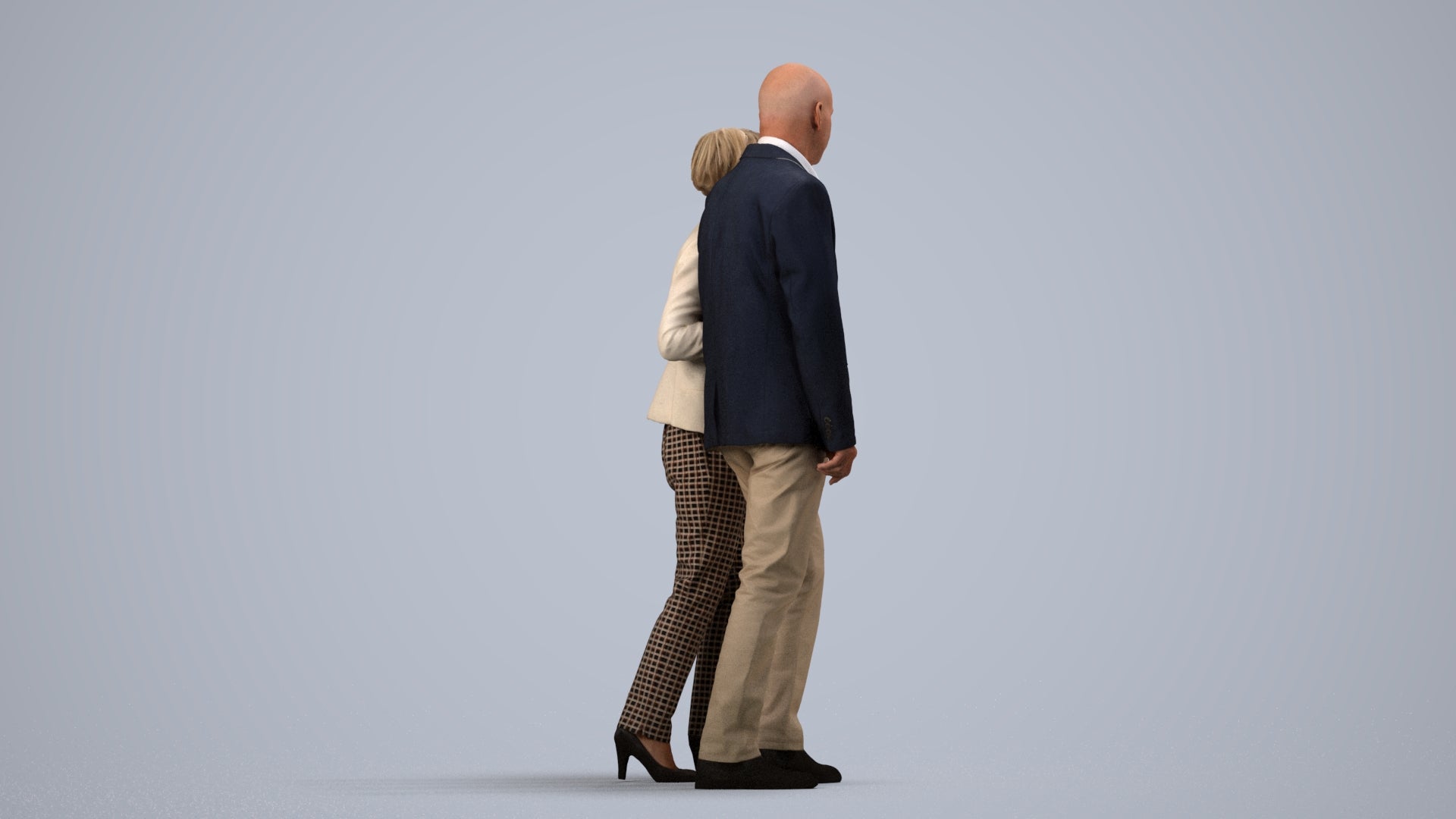 3D human model senior woman business couple, photogrammetry scanned person for archviz, side view render