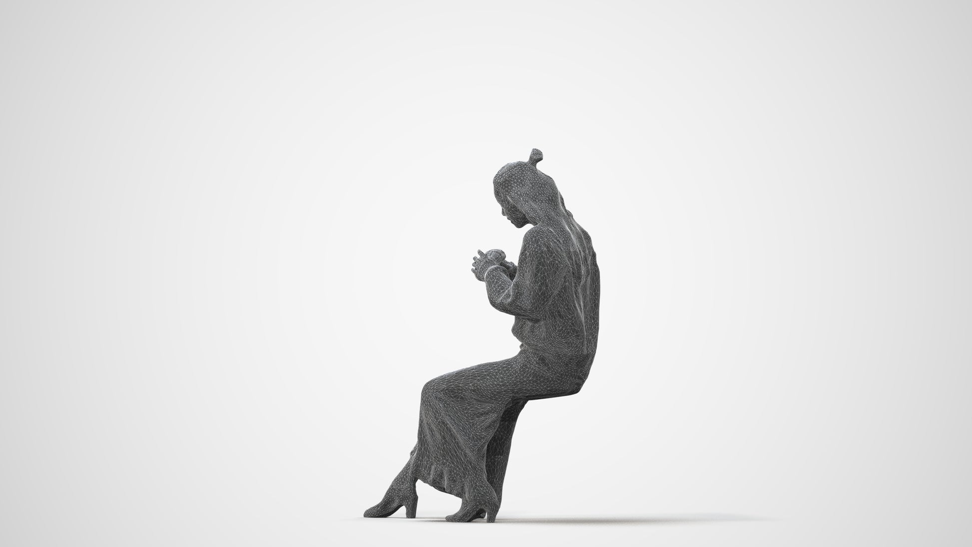 3D human model woman casual sitting, photogrammetry scanned person for archviz, square thumbnail