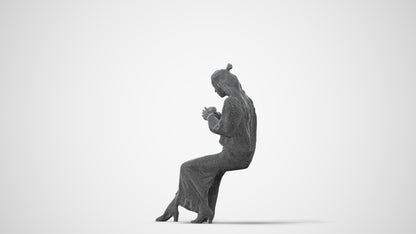 3D human model woman casual sitting, photogrammetry scanned person for archviz, square thumbnail