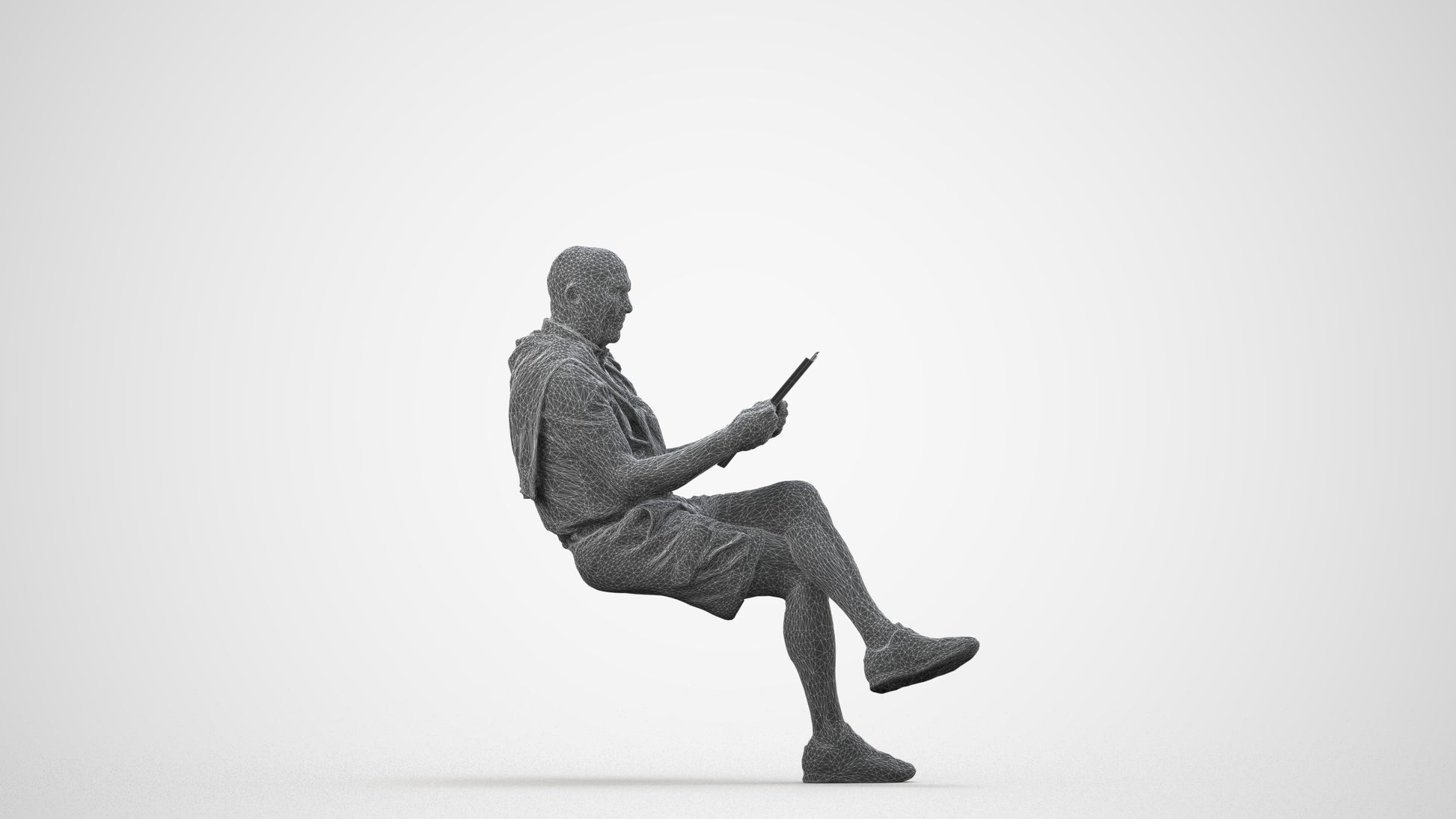 realistic 3D people senior man casual sitting, render-ready for V-Ray and Corona, FBX OBJ, wireframe side view