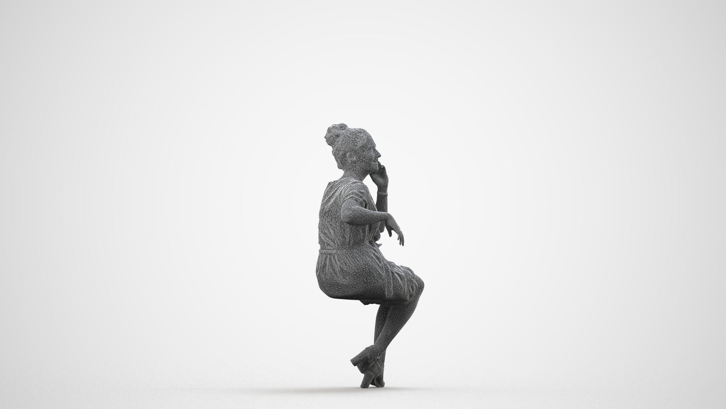 scanned 3D woman casual sitting, photogrammetry people for Enscape and V-Ray, wireframe side view