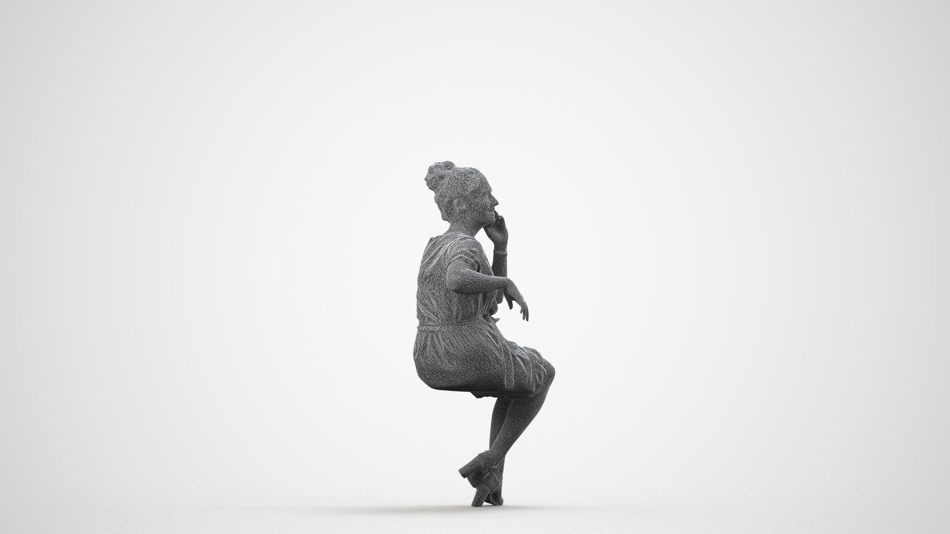 scanned 3D woman casual sitting, photogrammetry people for Enscape and V-Ray, wireframe side view