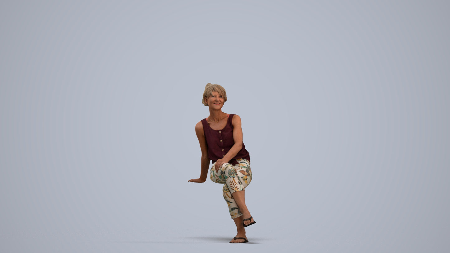 3D human model senior woman sitting, photogrammetry scanned person for archviz, standing pose render