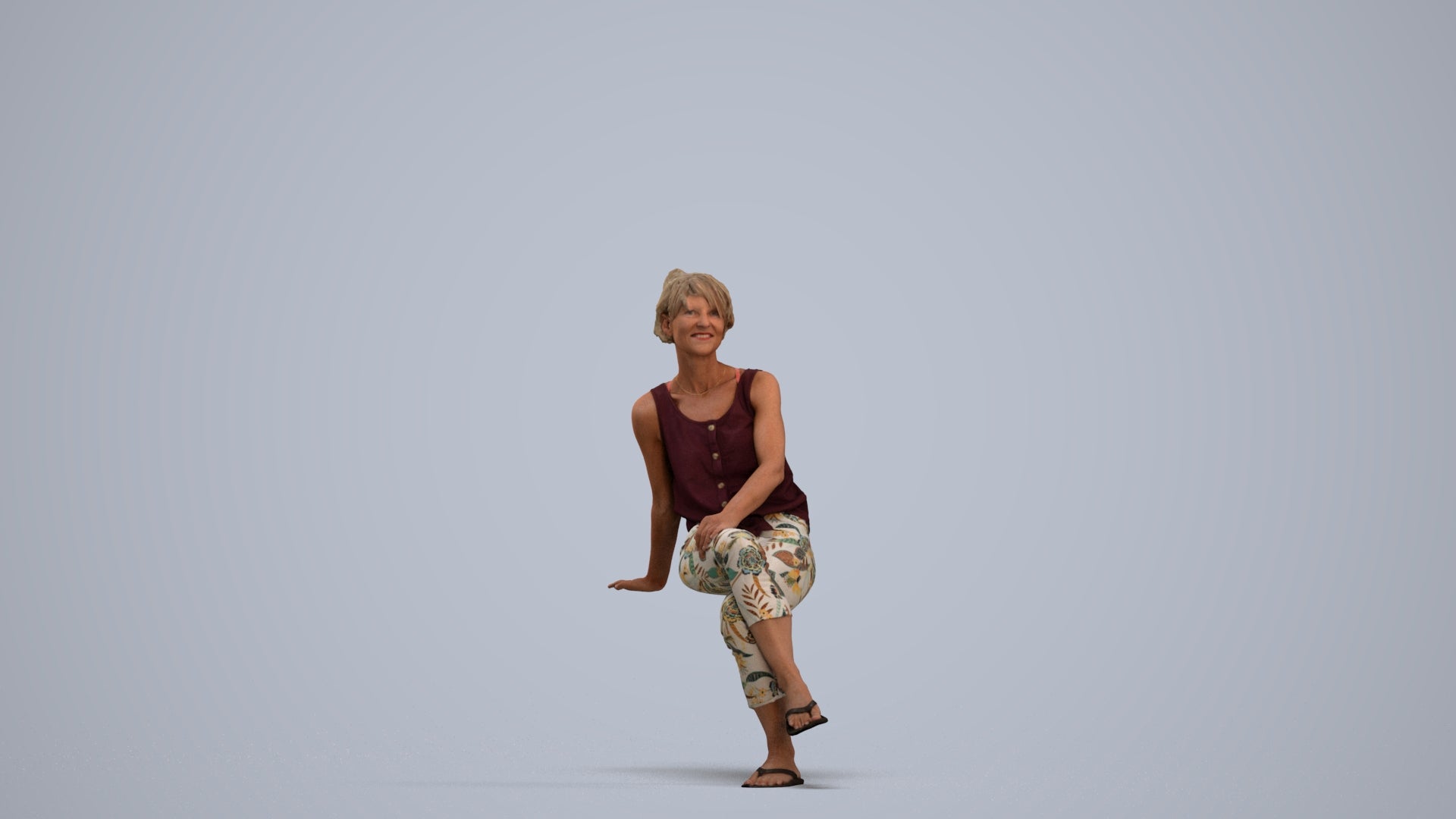 3D human model senior woman sitting, photogrammetry scanned person for archviz, standing pose render