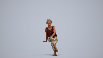 3D human model senior woman sitting, photogrammetry scanned person for archviz, standing pose render