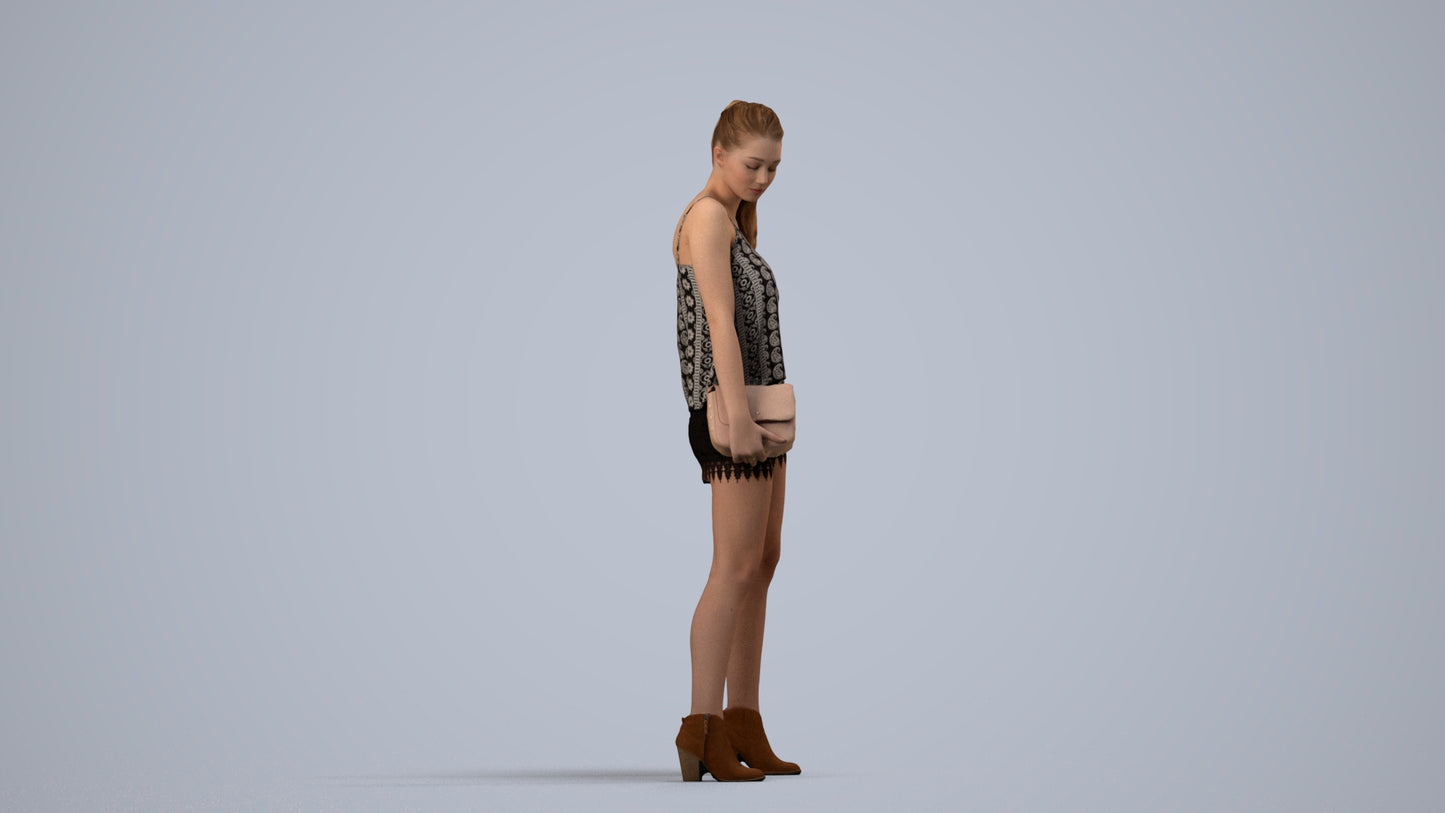 3D scanned girl standing casual, photorealistic archviz people for Enscape and SketchUp, side view render