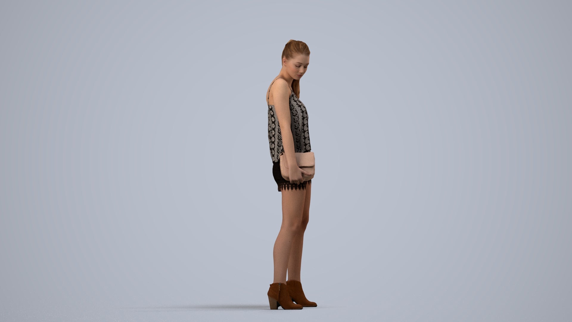 3D scanned girl standing casual, photorealistic archviz people for Enscape and SketchUp, side view render