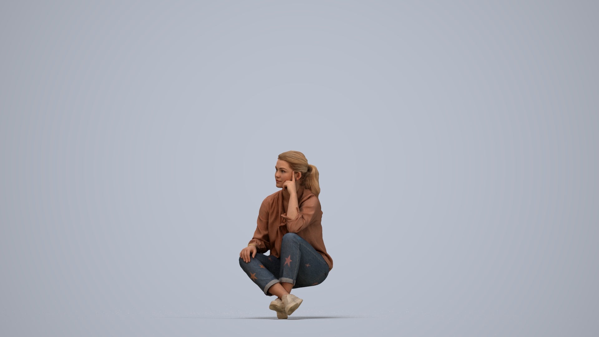 3D human model woman casual sitting, photogrammetry scanned person for archviz, top-down view render