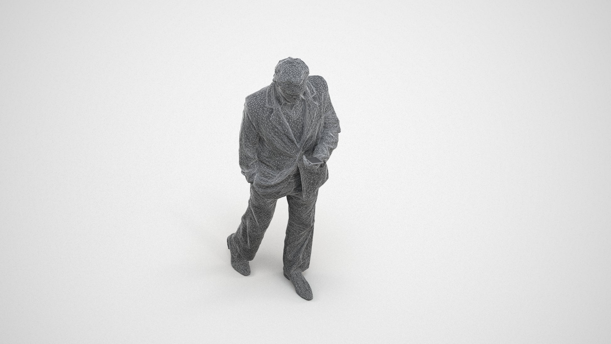 3D scanned man standing business, photorealistic archviz people for Enscape and SketchUp, wireframe three-quarter view