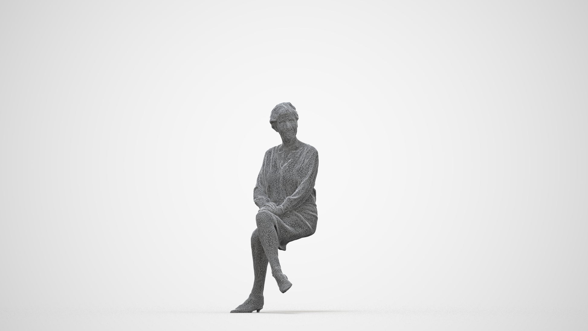 realistic 3D senior woman business sitting, scanned archviz people for Blender and 3ds Max, wireframe back view