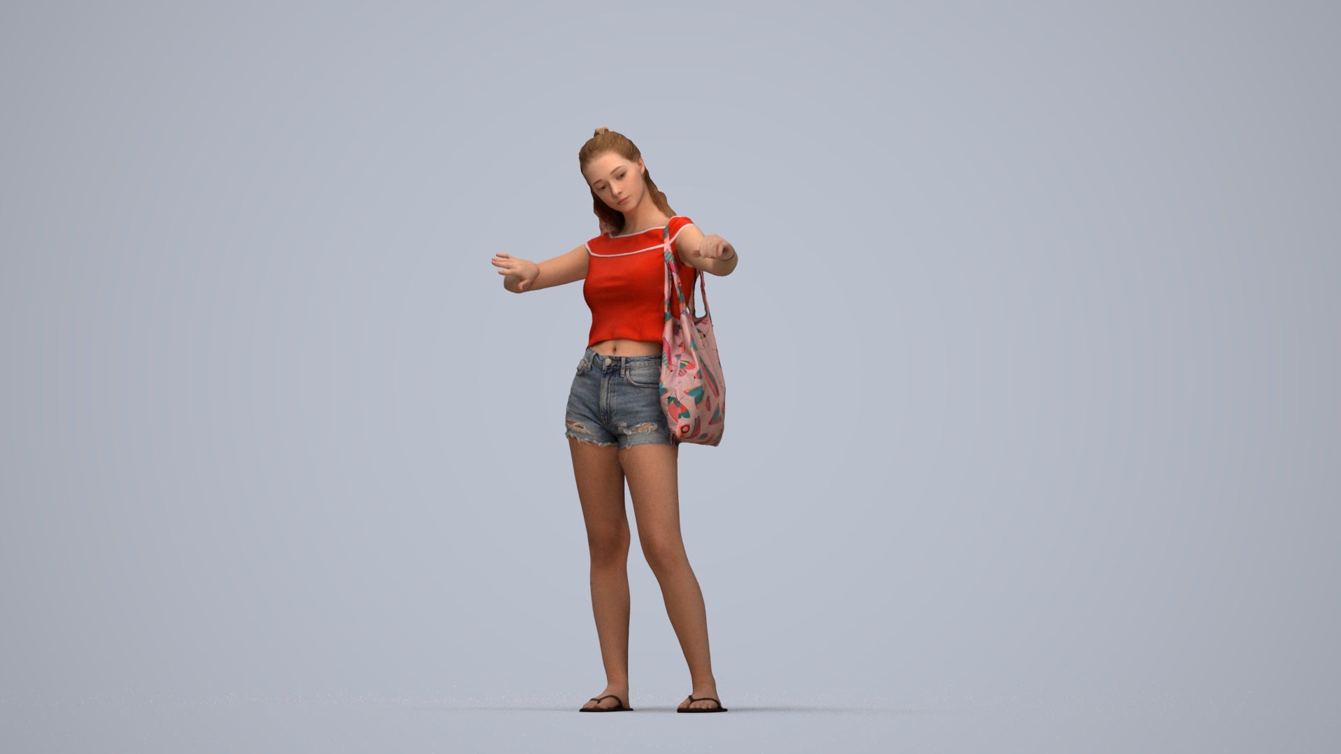 3D people model girl casual shopping, scanned human for 3ds Max rendering, top-down view render
