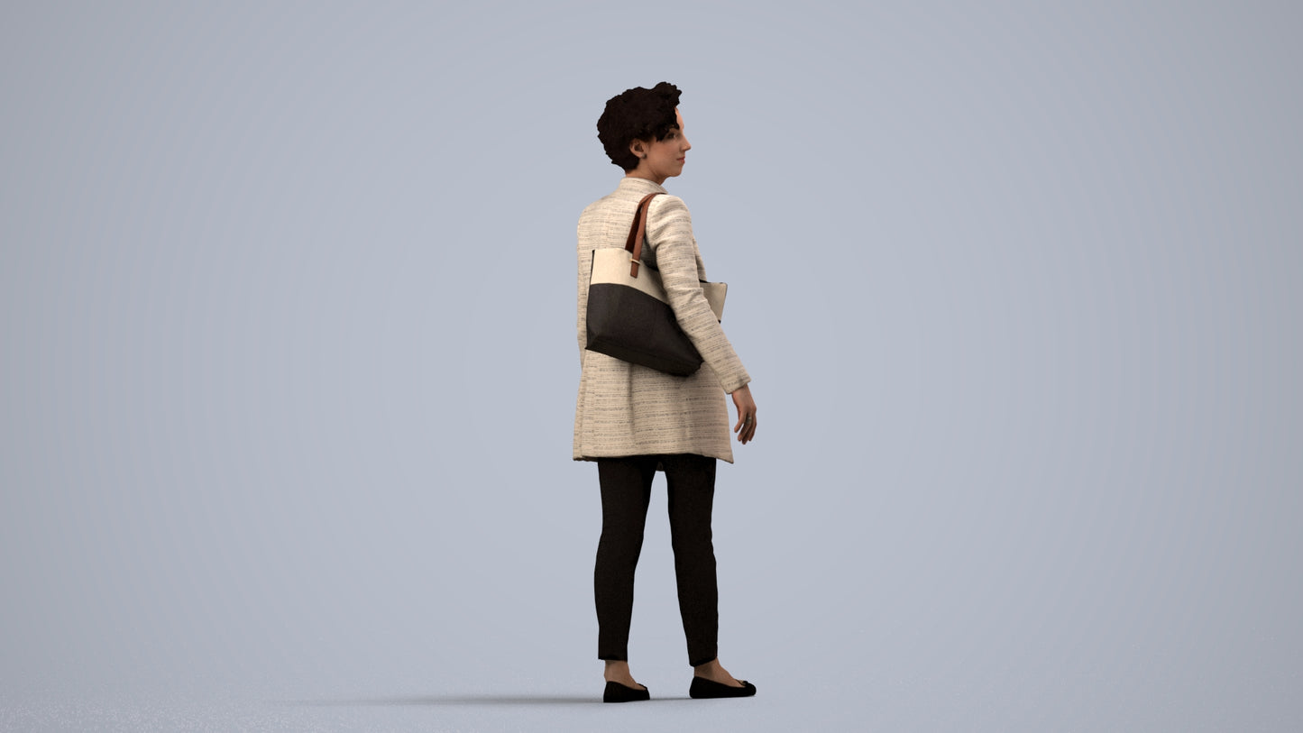 3D human model woman business walking, photogrammetry scanned person for archviz, side view render