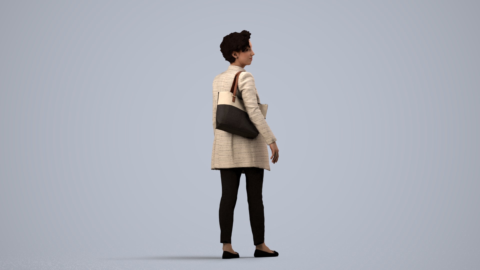 3D human model woman business walking, photogrammetry scanned person for archviz, side view render