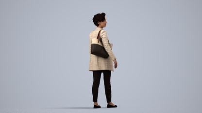 3D human model woman business walking, photogrammetry scanned person for archviz, side view render