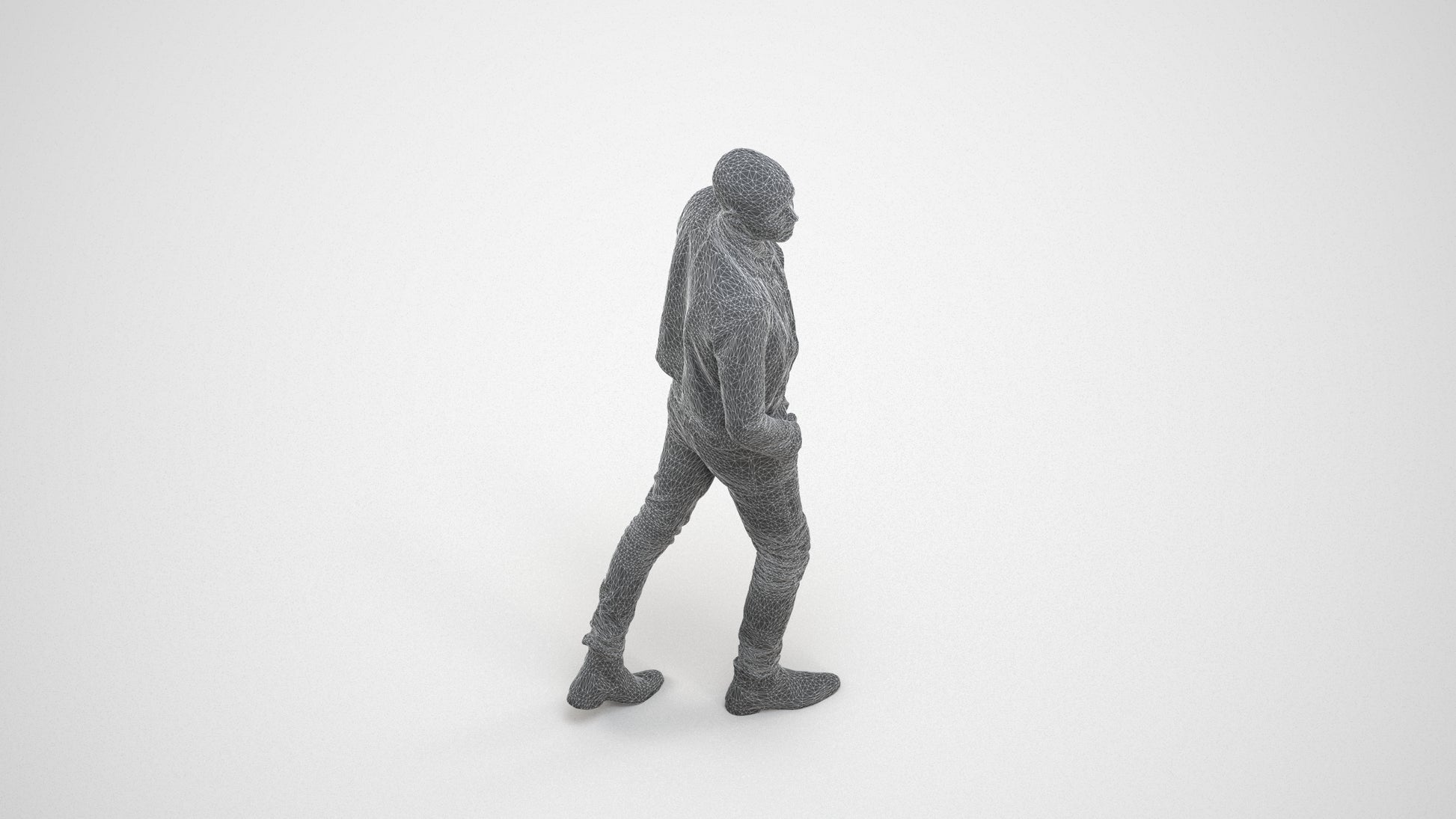 3D scanned man walking casual, photorealistic archviz people for Enscape and SketchUp, wireframe three-quarter view