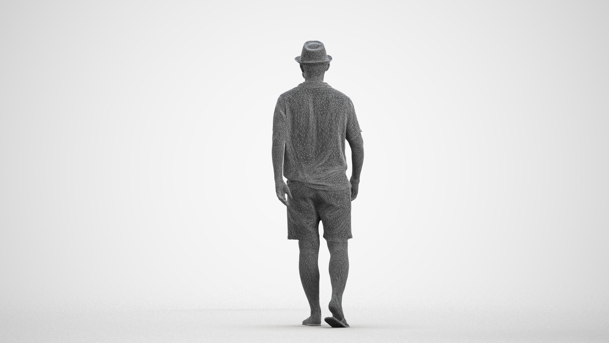 3D human model man walking, photogrammetry scanned person for archviz, wireframe front view
