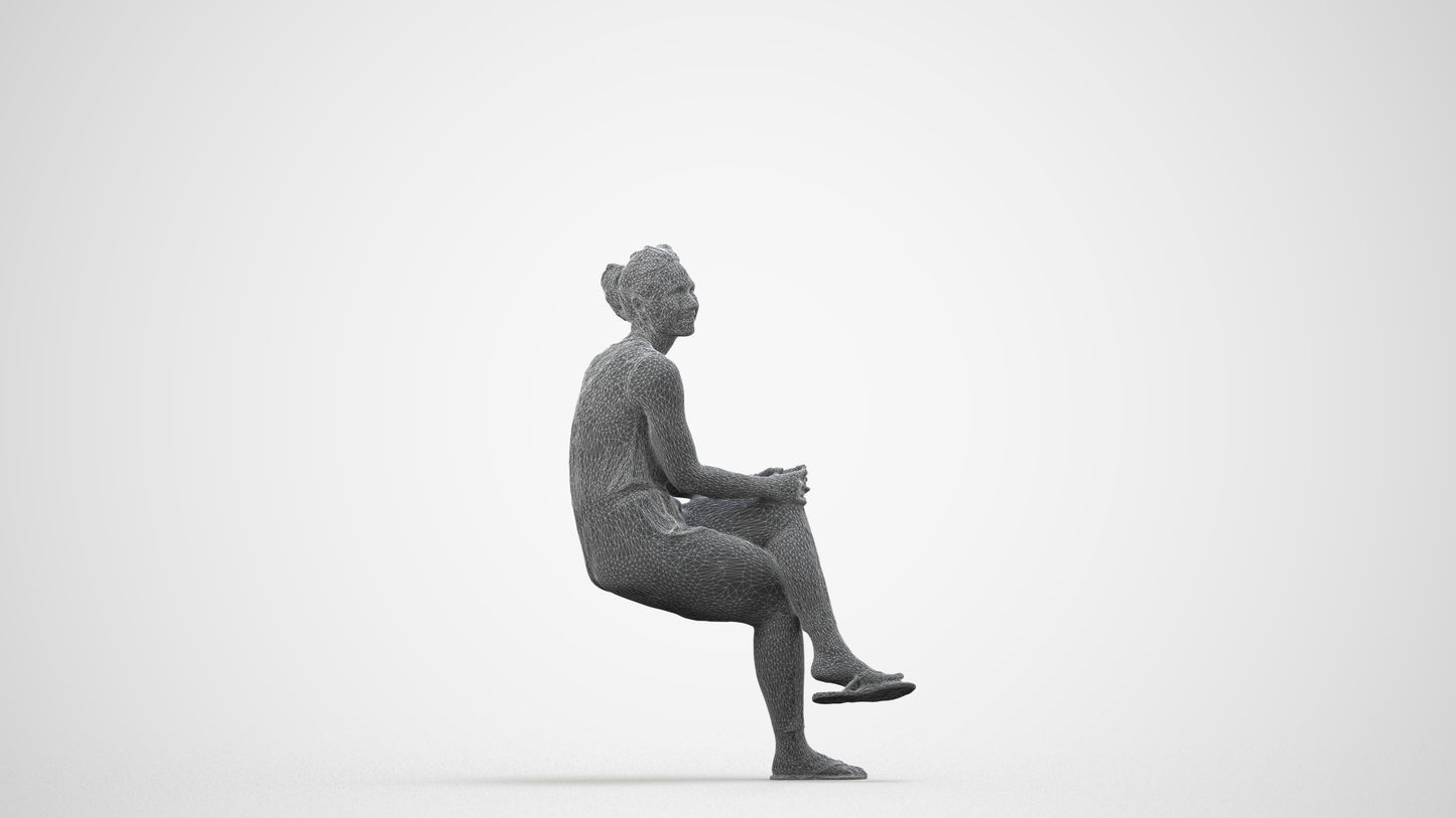 photogrammetry 3D woman casual sitting, realistic human model archviz FBX, wireframe side view