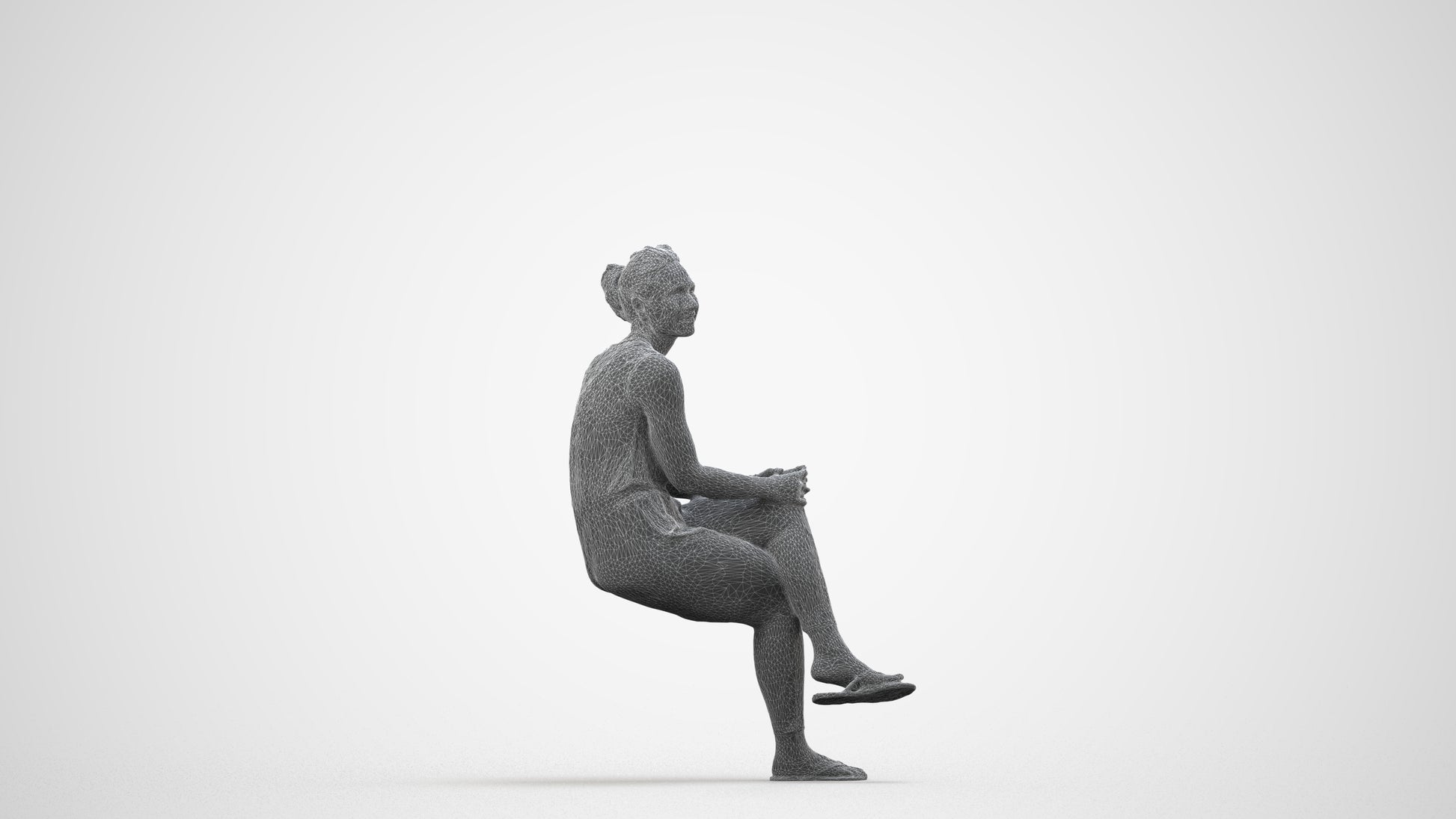 photogrammetry 3D woman casual sitting, realistic human model archviz FBX, wireframe side view