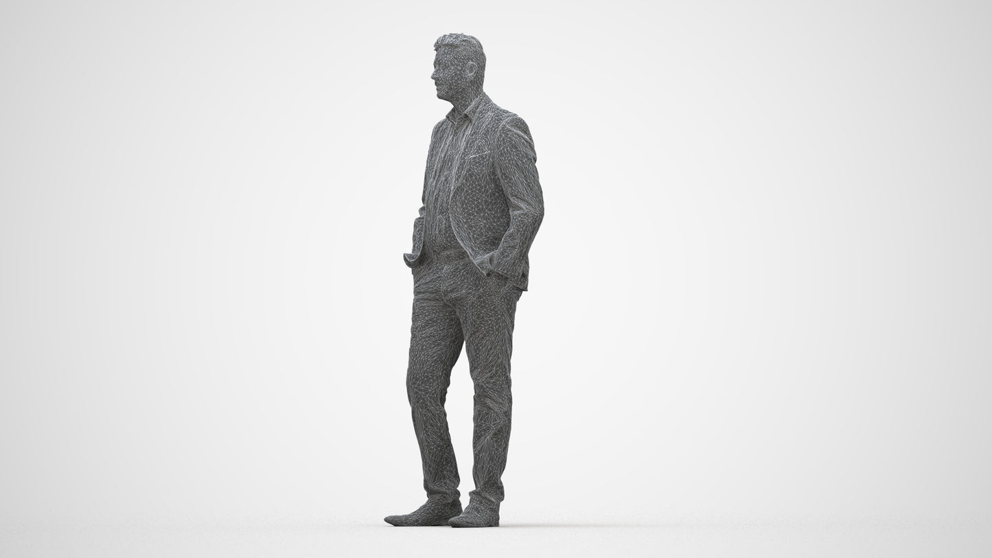 realistic 3D man business standing, scanned archviz people for Blender and 3ds Max, wireframe back view
