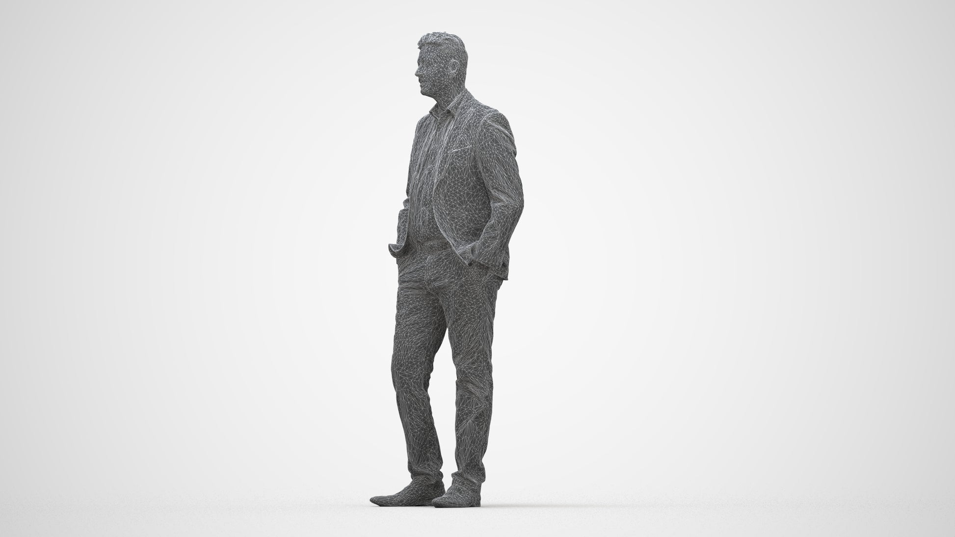 realistic 3D man business standing, scanned archviz people for Blender and 3ds Max, wireframe back view