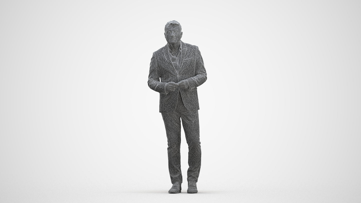 realistic 3D human man business standing, archviz people FBX OBJ for Blender, three-quarter front view render