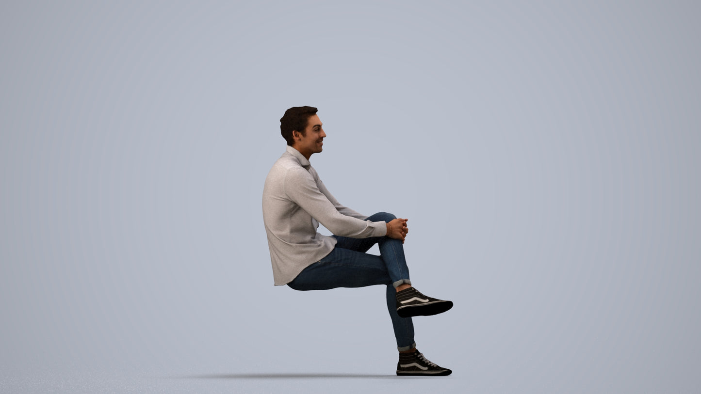 realistic 3D human man casual sitting, archviz people FBX OBJ for Blender, side view render