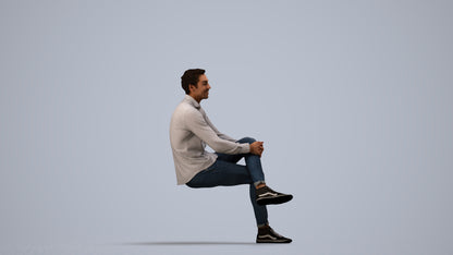 realistic 3D human man casual sitting, archviz people FBX OBJ for Blender, side view render