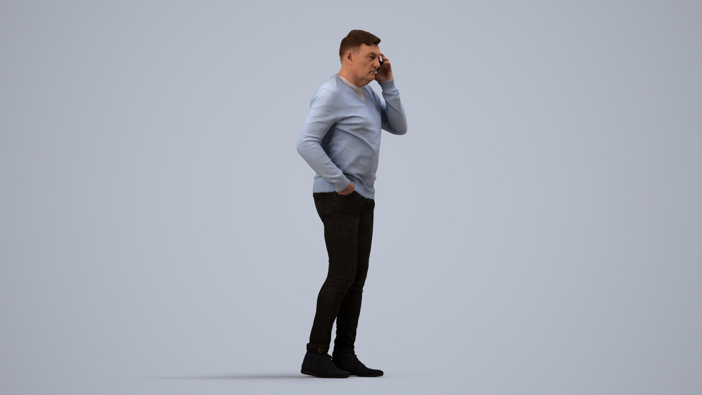 3D human model man casual standing, photogrammetry scanned person for archviz, side view render