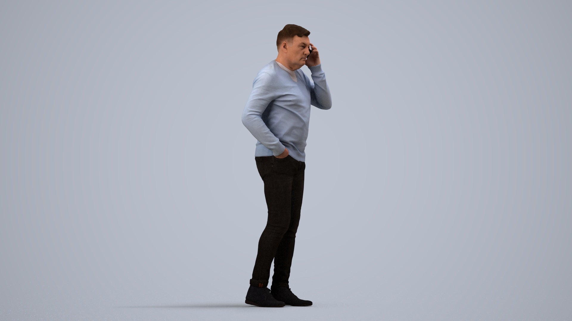 3D human model man casual standing, photogrammetry scanned person for archviz, side view render
