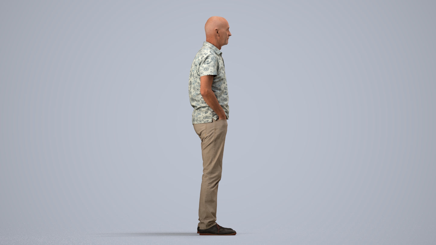 3D human model senior man casual standing, photogrammetry scanned person for archviz, side view render