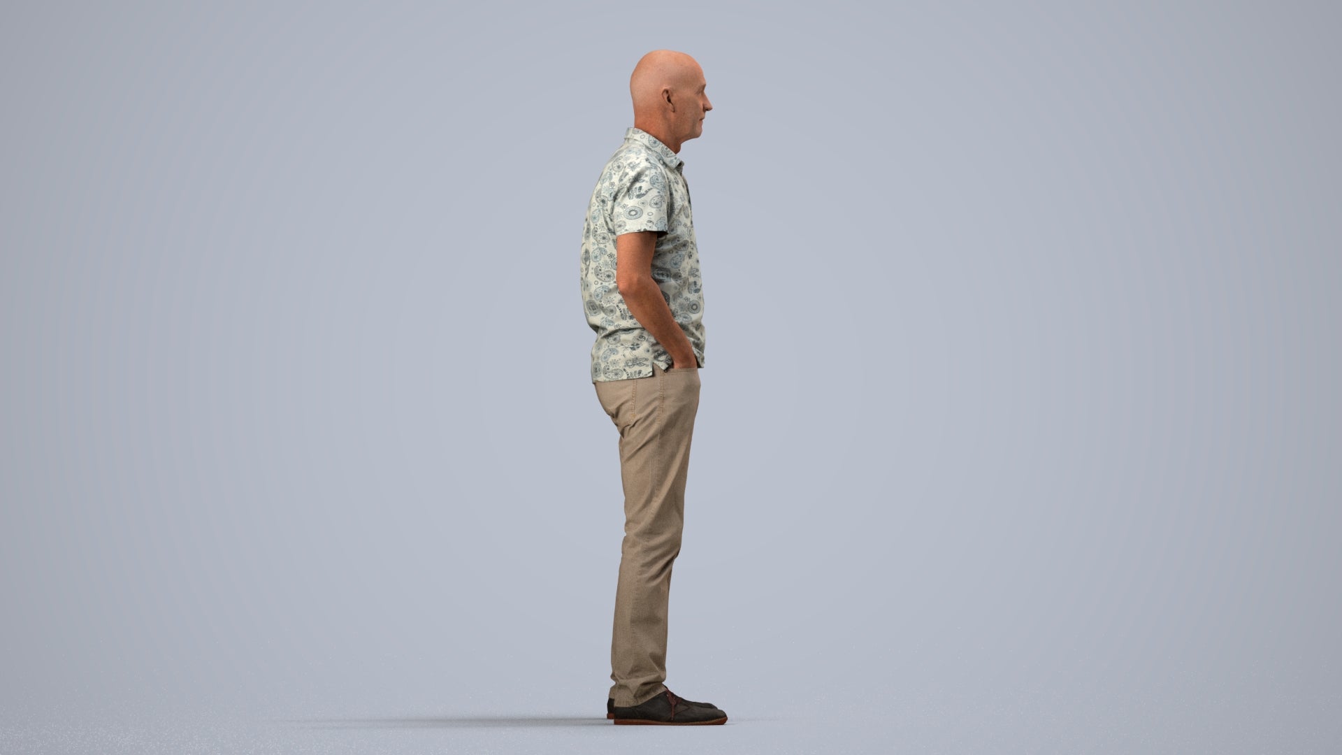 3D human model senior man casual standing, photogrammetry scanned person for archviz, side view render
