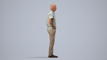 3D human model senior man casual standing, photogrammetry scanned person for archviz, side view render