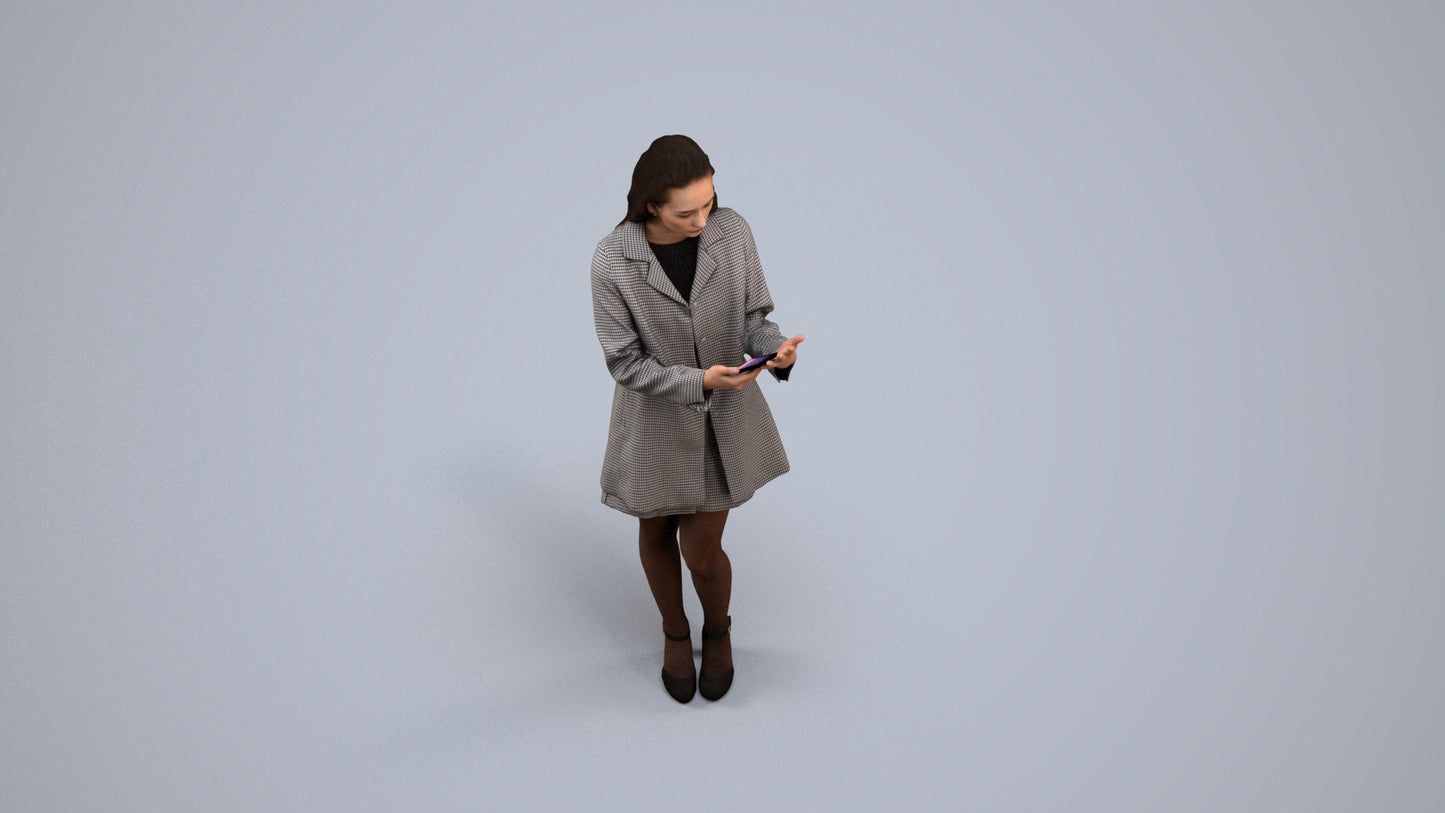 3D human model woman business standing, photogrammetry scanned person for archviz, back view render