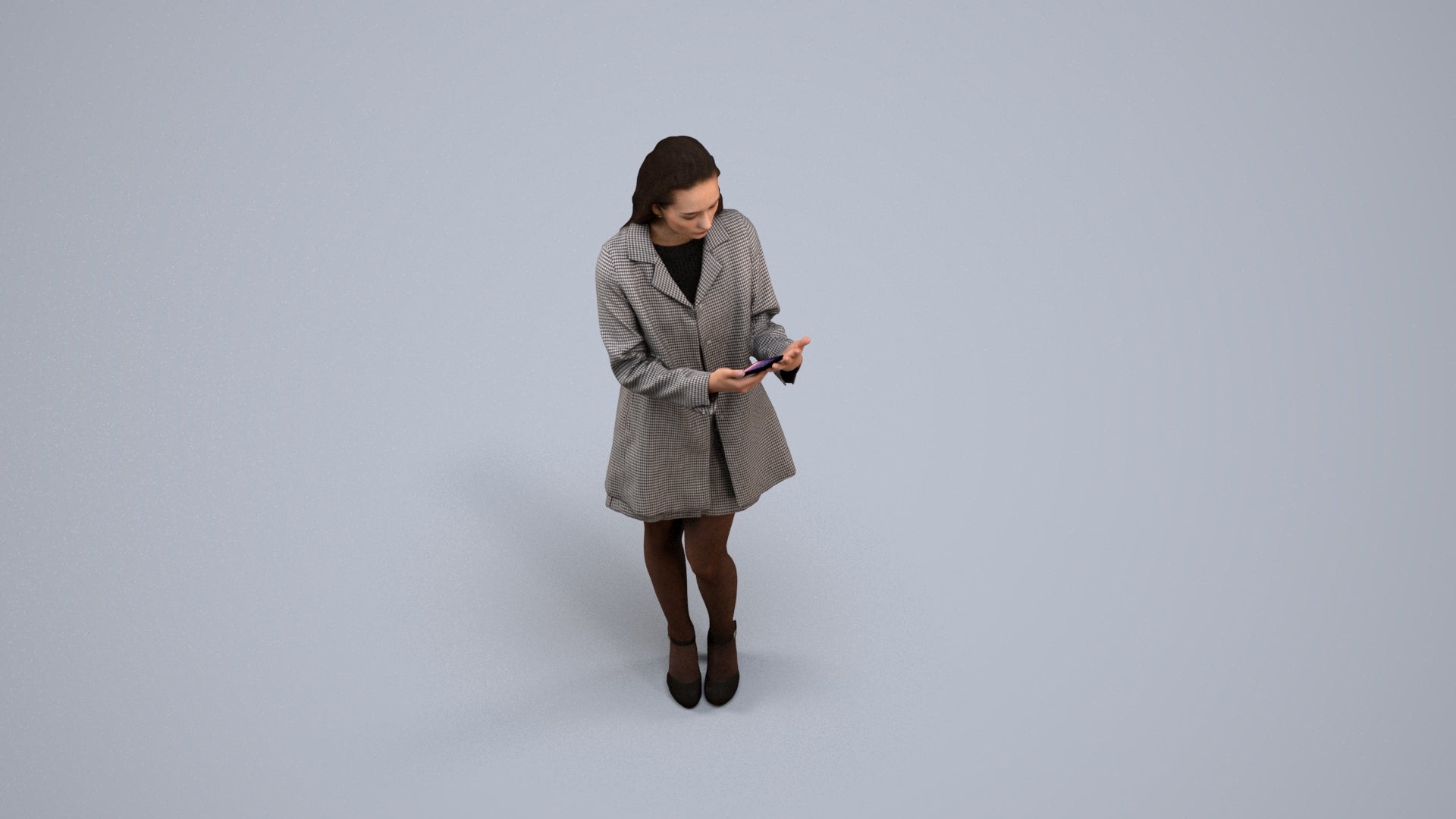 3D human model woman business standing, photogrammetry scanned person for archviz, back view render