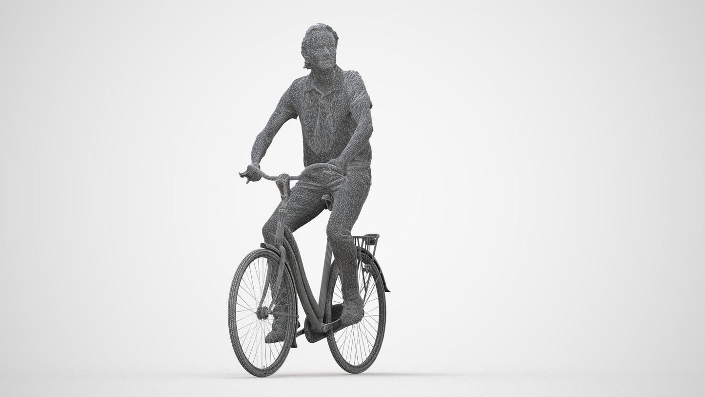 3D scanned man cycling casual, photorealistic archviz people for Enscape and SketchUp, wireframe back view