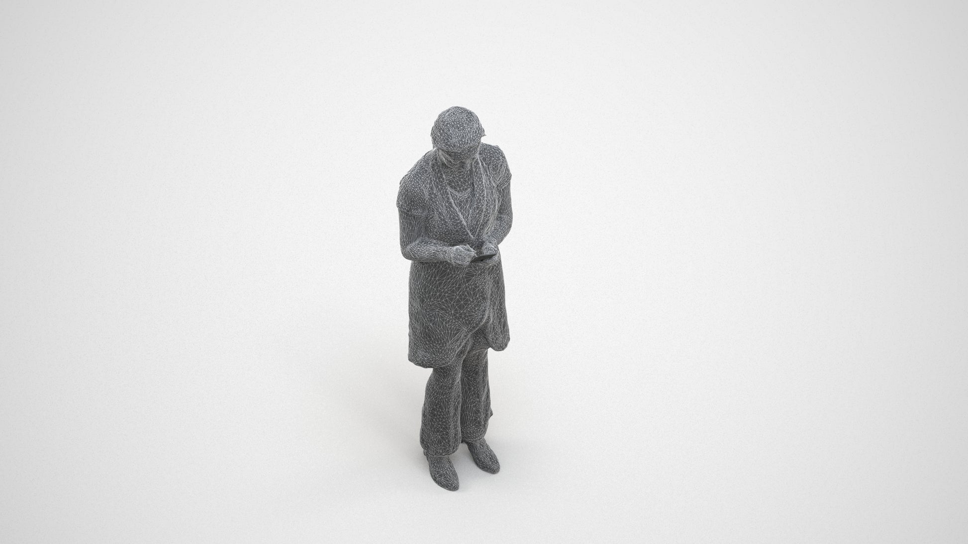 3D human model woman hospitality, photogrammetry scanned person for archviz, wireframe three-quarter view