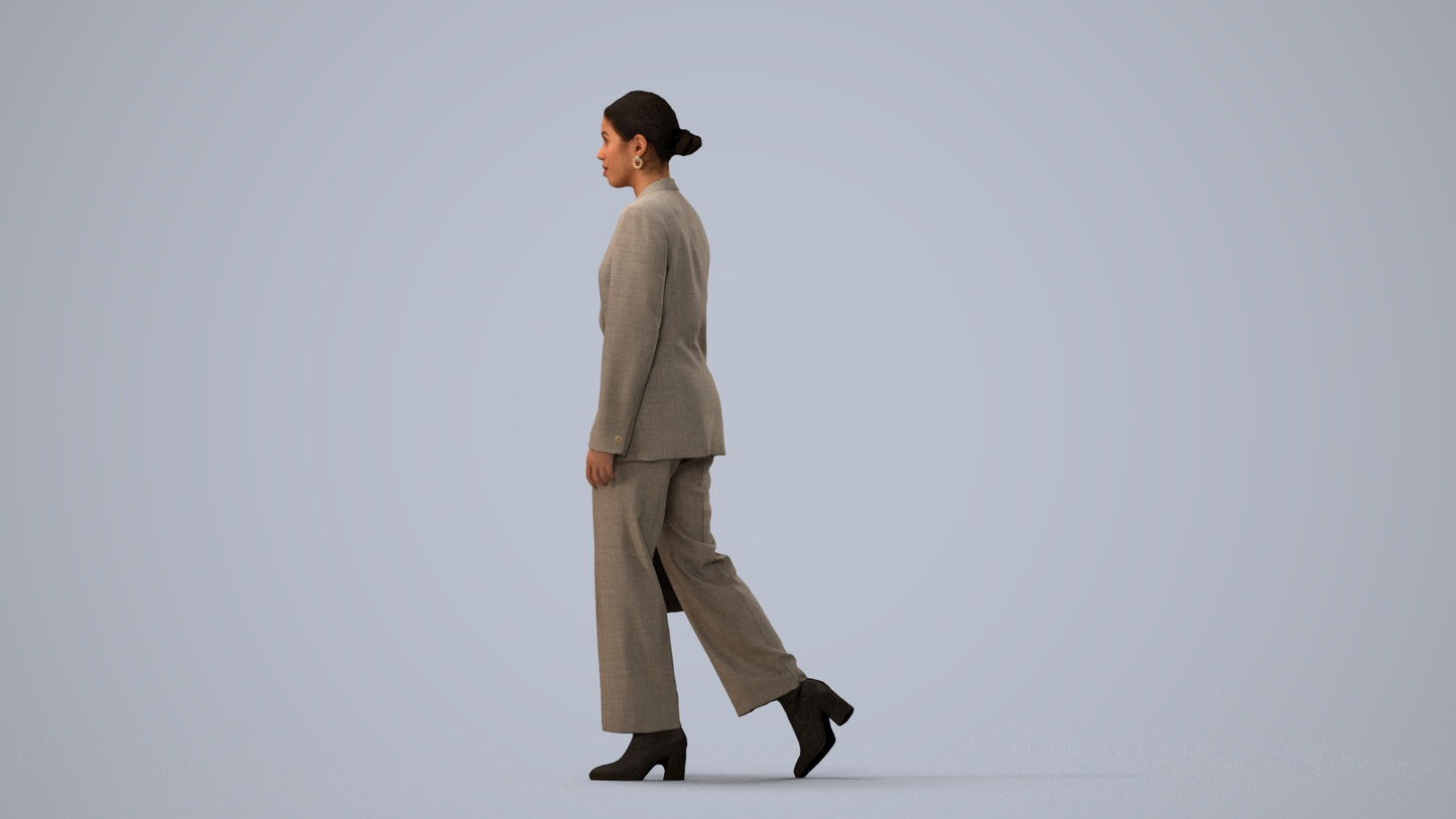 realistic 3D woman business walking, scanned archviz people for Blender and 3ds Max, three-quarter view render