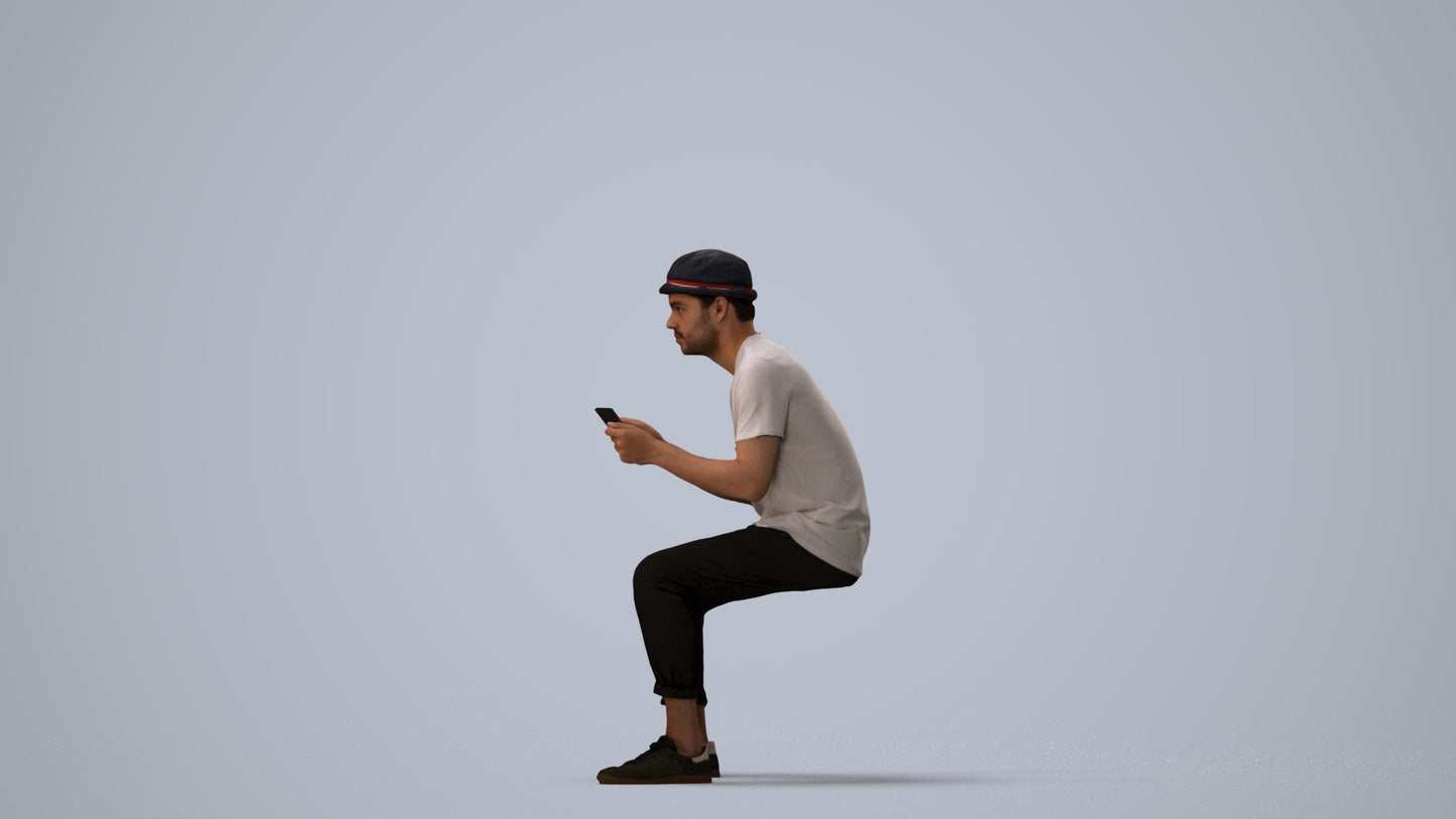 scanned 3D man casual sitting, photogrammetry people for Enscape and V-Ray, three-quarter view render