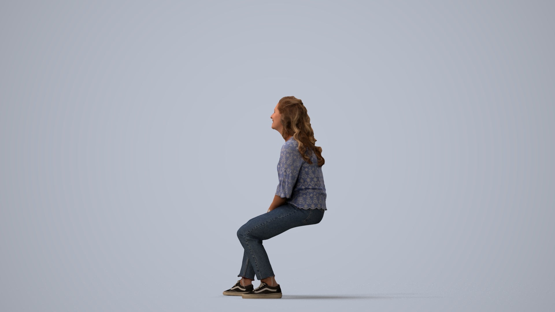 3D people model woman casual sitting, scanned human for 3ds Max rendering, three-quarter view render