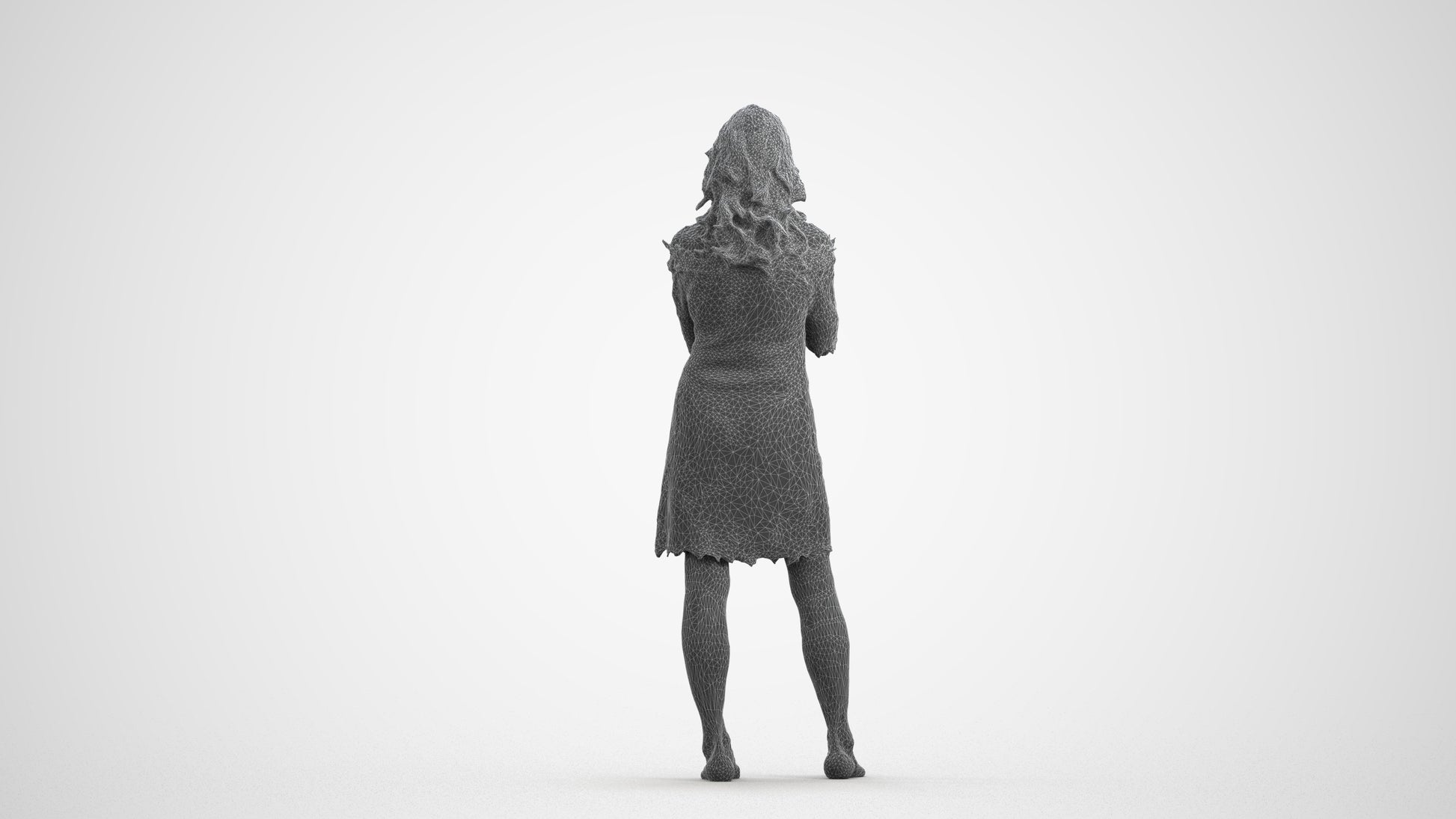 realistic 3D senior woman casual standing, scanned archviz people for Blender and 3ds Max, wireframe front view