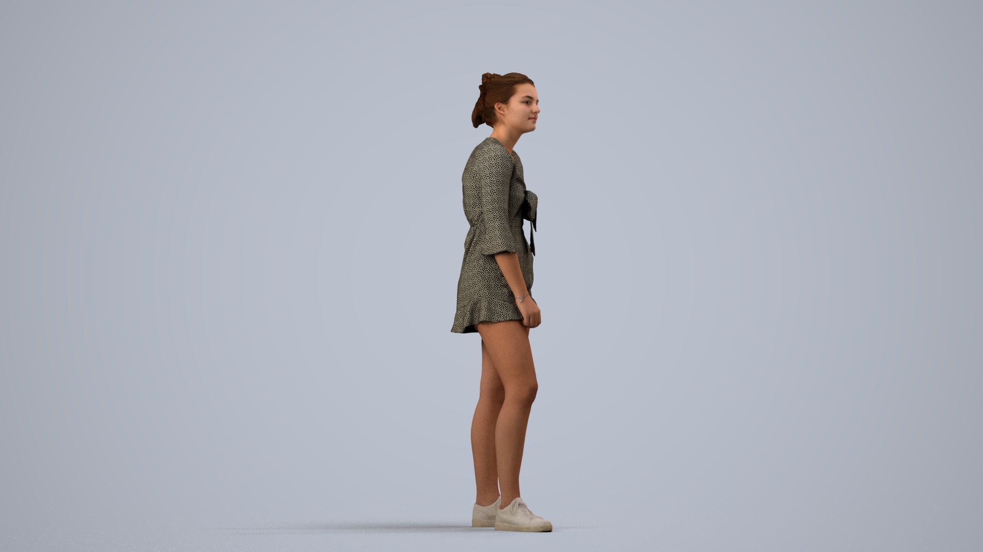 3D human model girl casual kids, photogrammetry scanned person for archviz, side view render
