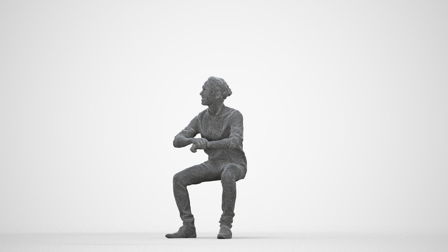 3D human model man casual sitting, photogrammetry scanned person for archviz, wireframe back view