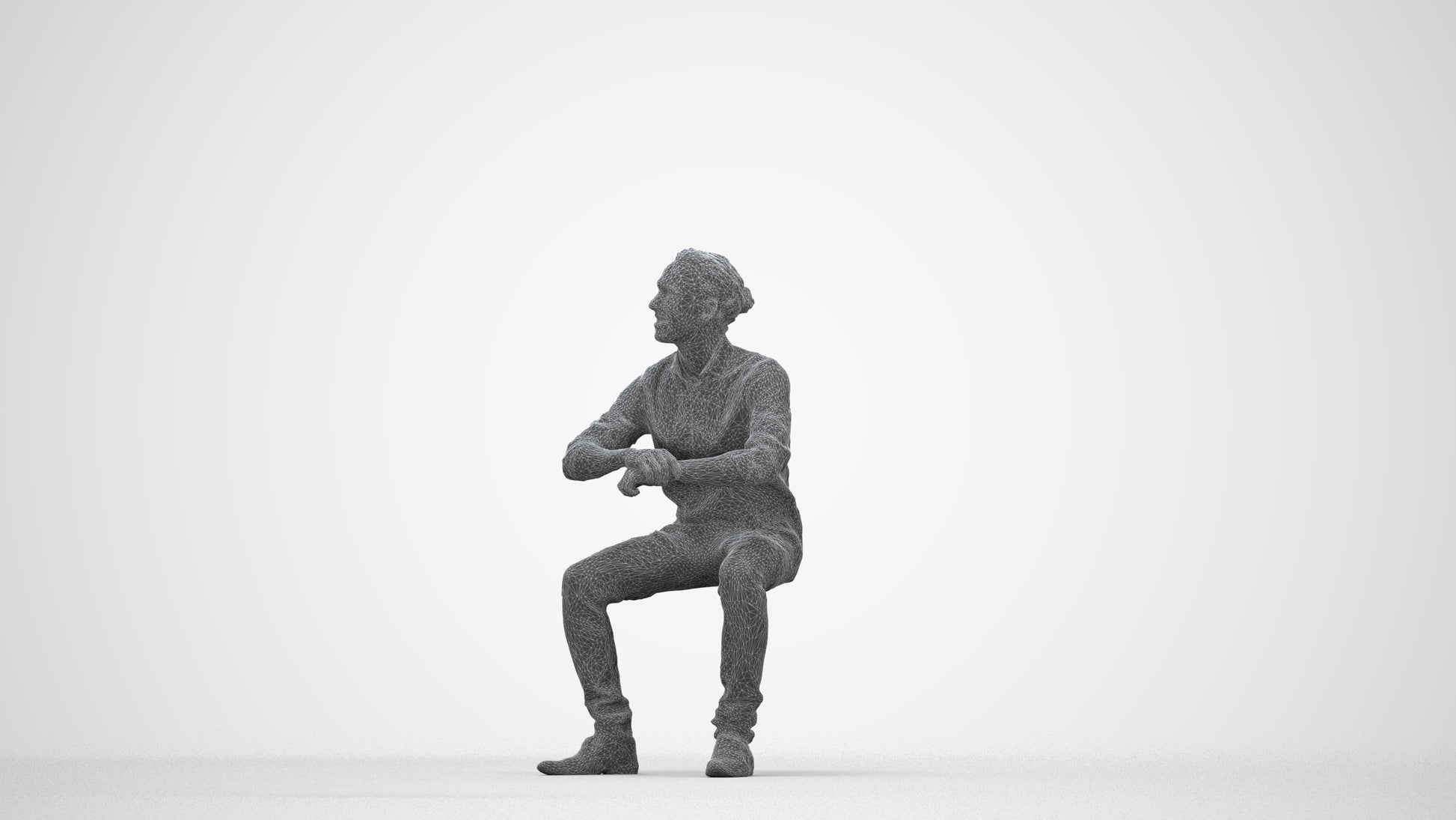 3D human model man casual sitting, photogrammetry scanned person for archviz, wireframe back view