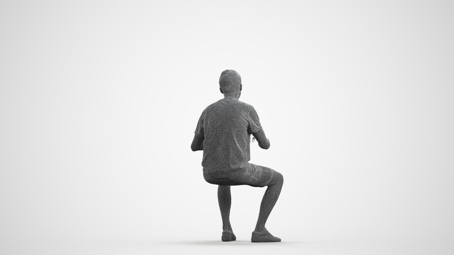 realistic 3D human man casual sitting, archviz people FBX OBJ for Blender, wireframe front view