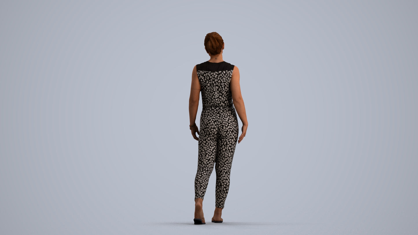 3D human model woman casual walking, photogrammetry scanned person for archviz, front view render