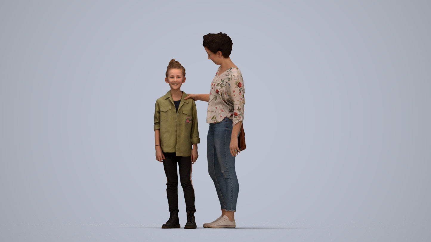 realistic 3D girl casual kids, scanned archviz people for Blender and 3ds Max, top-down view render
