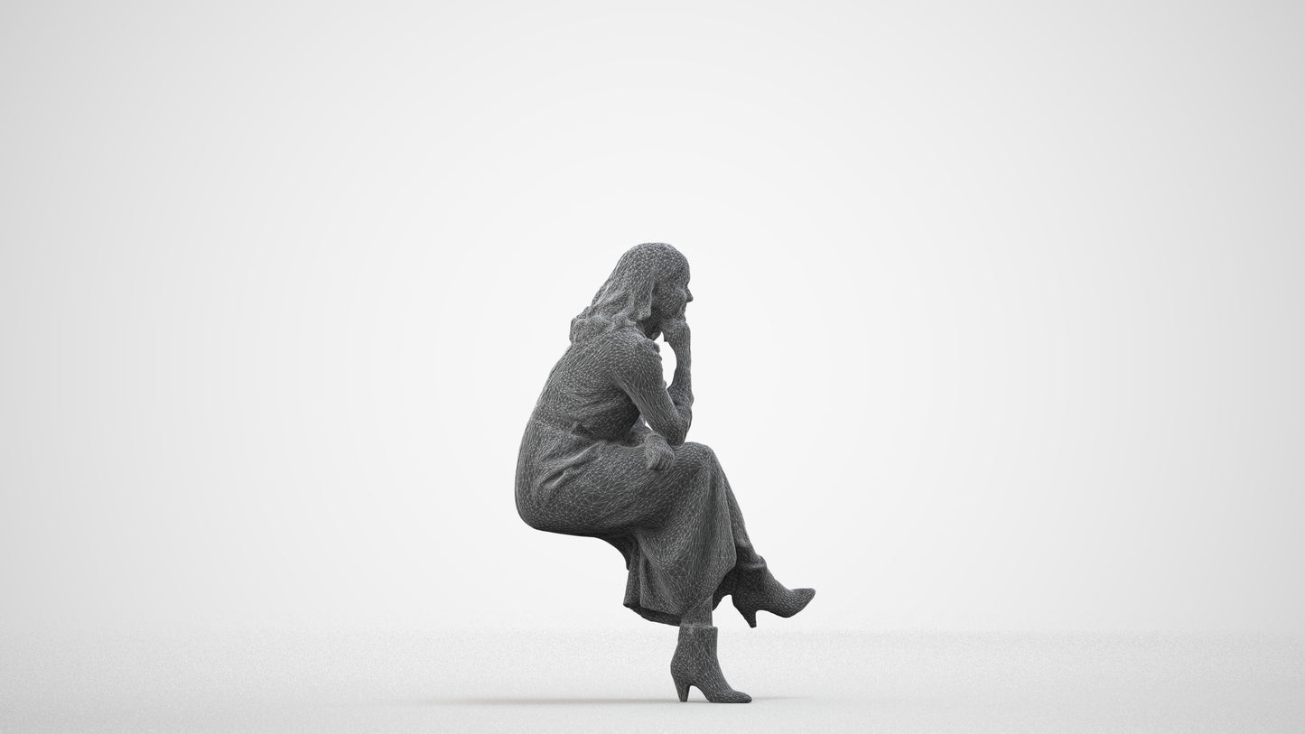 3D scanned woman sitting casual, photorealistic archviz people for Enscape and SketchUp, wireframe side view